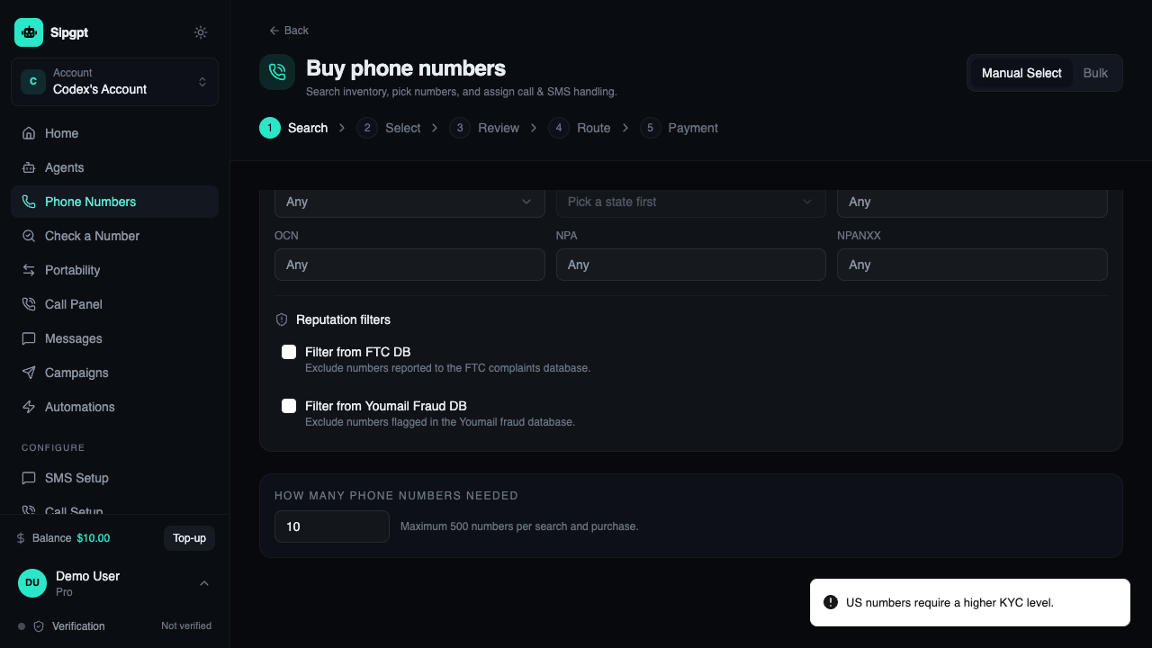 SIPGPT Buy phone numbers screen showing filters and quantity